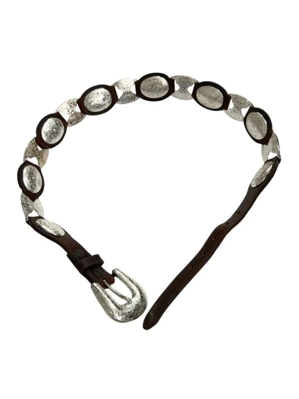 Vintage Tony Lama Womens Western Brown Leather Silver Concho Belt USA Size 28 - Picture 11 of 11
